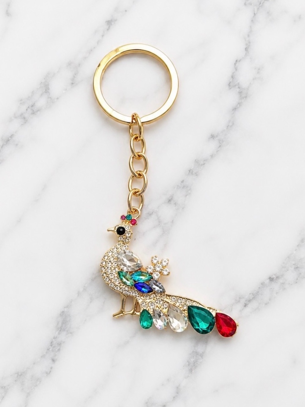 Peacock with Multi Colored Rhinestone Tail Keyring on Gold Hardware